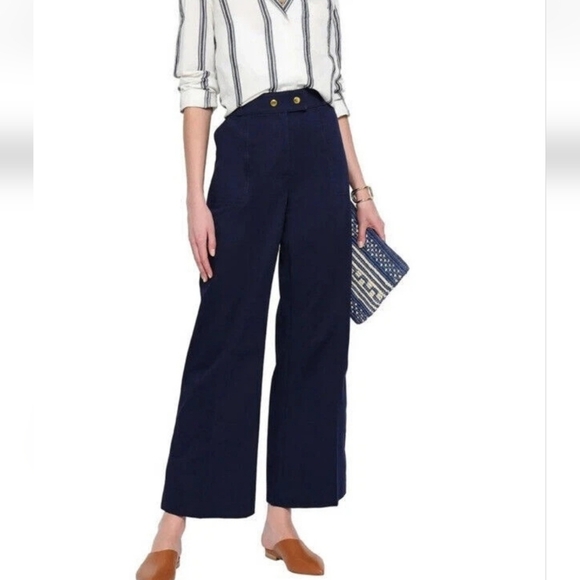 Tory Burch Maddie Pant Cropped Flare Trouser Blue Gold Buttons 46984 WOMEN'S 10 - Picture 1 of 10